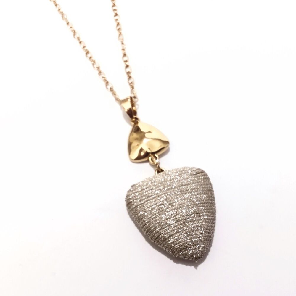 Gold Tone Hammered Triangle Pendant Necklace Metallic Wrapped Statement 32"